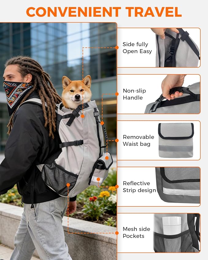 Dog Backpack Carrier for Medium Dogs - 4-Layer Protection, Under 30 lb, Waterproof, Adjustable Dog Hiking Backpack with Storage Pockets, Reflective Strips, Non-Slip Handle for Travel - Grey