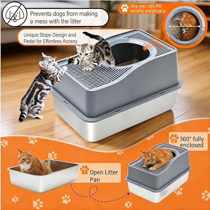 Top Entry Cat Litter Box with Lid, Stainless Steel Enclosed Cat Kitty Litterbox, Top Loading Large Metal High Side Litter Pan Tray Box Enclosure Easy Cleaning Anti-Leakage