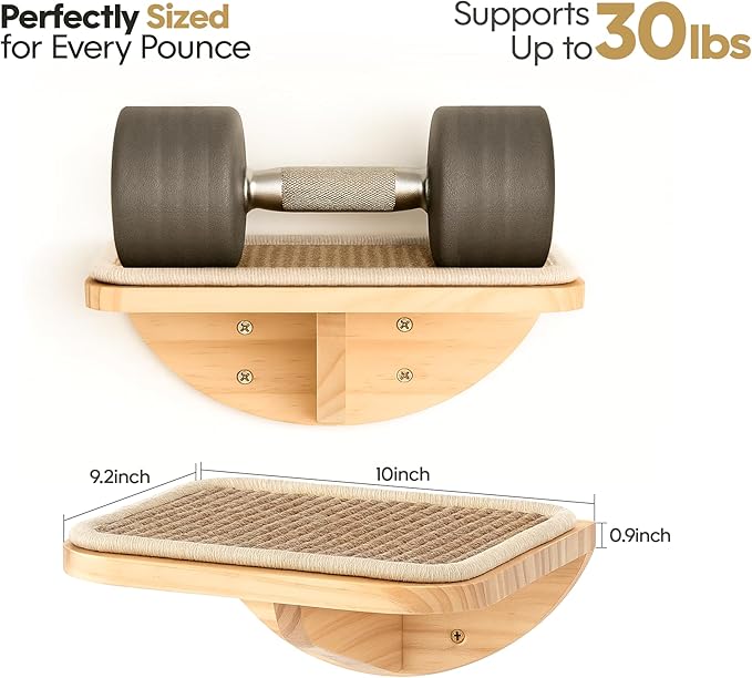 Cat Wall Shelves and Cats Window Perch – Natural Wood 4-Piece Set with Foam-Padded Curved Bed and Felt Steps, Space-Saving Wall Mounted Design