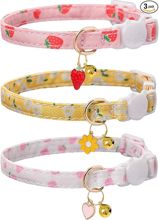 Cat Collar Breakaway with Bells,3 Pack Safety Adjustable Pet Collars,Ideal for Girl Boy Kittens. (White Yellow Pink)