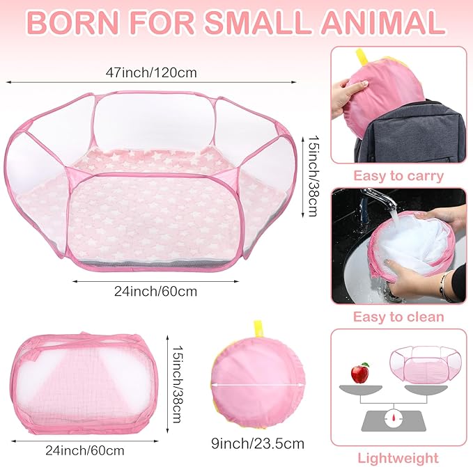 VitalCozy Hamster Playpen with Mat Small Animal Cage Tent Breathable Transparent Guinea Pig Playpen Waterproof Portable Yard Fence Mat Foldable Exercise Playpen Outdoor Indoor (Pink,Star)