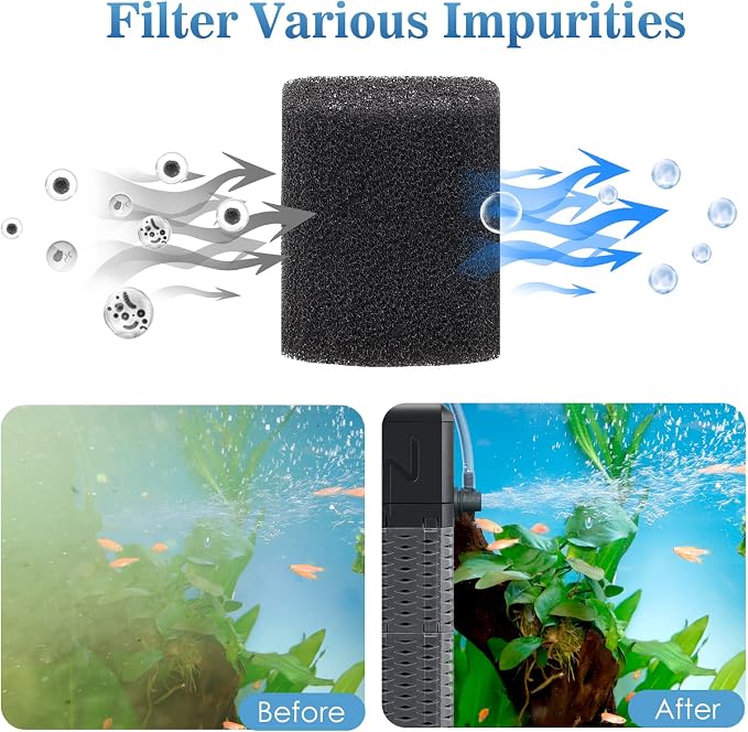 AQQA Submersible Aquarium Filter, Adjustable Flow with Aeration System | Ultra Quiet, Biochemical Sponge Filtration, Fish Tank Filter Built-in Rainfall Aerator, Fits Tanks Up to 70 Gallon, 211GPH