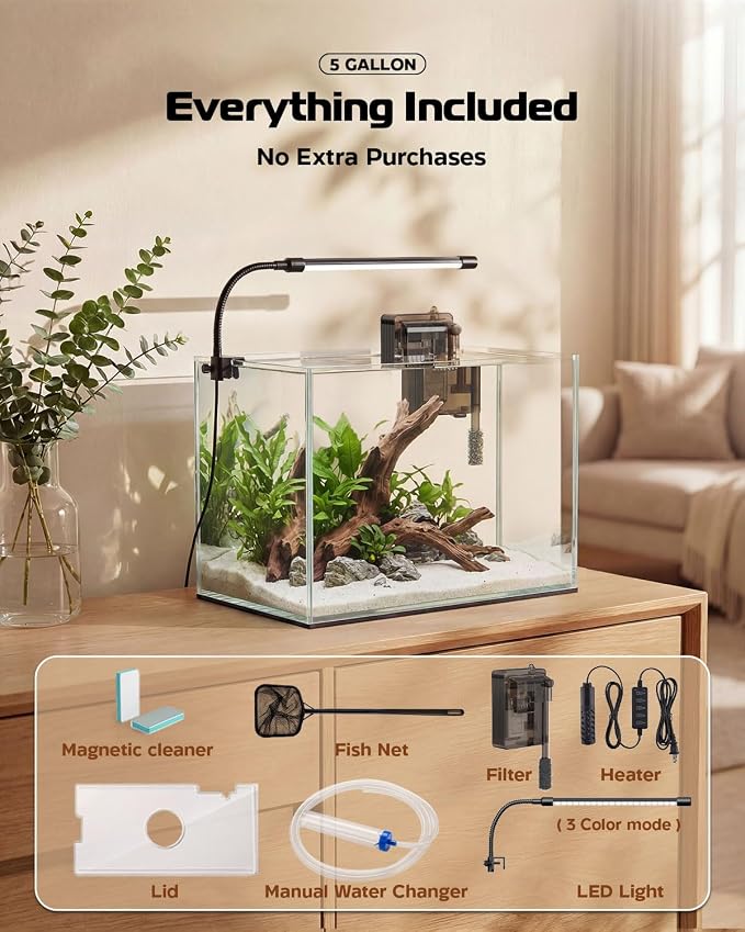 Glass Fish Tank Kit, 5 Gallon Betta Fish Tank Aquarium Starter Kit | Complete Aquarium Kit with Filter, Adjustable LED Light, Heater, Lid, Net, Water Changer for Betta, Goldfish or Shrimp, Clear