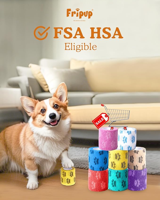 2 Inch Self Adhesive Bandage Vet, First Aid for Dogs Cats Horses, Great for Paws, Legs & Tails, Individually Wrapped, 8 Rolls, Daybreak Paw