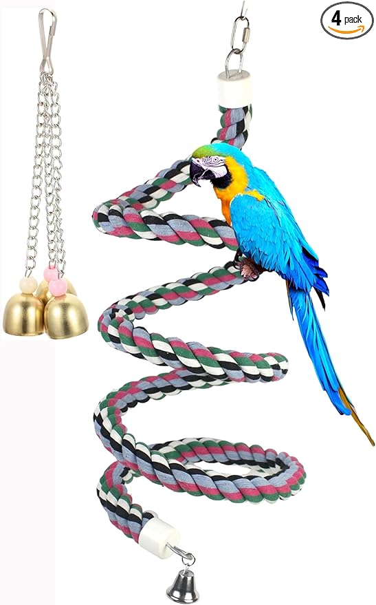 65inch Cotton Bendable Rope(Plus 1 Set 3 Steel Bells) Perch Swing Bird Chew Toys Amazon Parrots Cage Toys with Bell Swing Climbing Standing Bungee Bird Toys for Large to Regular Size Birds