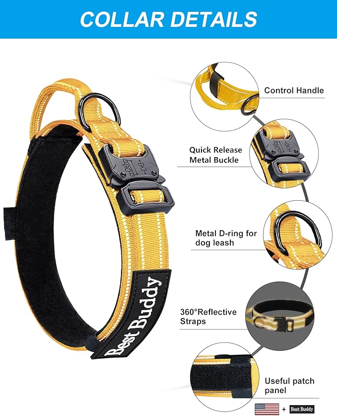 AUBELL Tactical Dog Collar and Leash Set, Reflective Adjustable Heavy Duty Military K9 Collars with Handle and Metal Buckle for Medium Dogs, with Airtag Case and 2 Patches(Yellow,M)