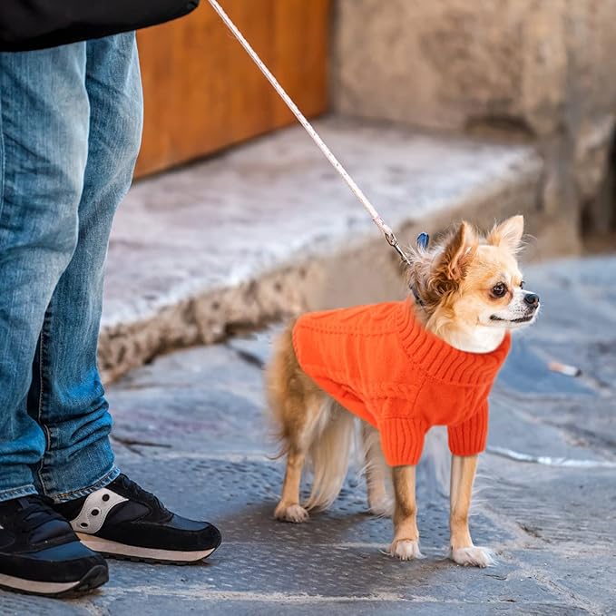 Queenmore Small Dog Pullover Sweater, Cold Weather Cable Knitwear, Classic Turtleneck Thick Warm Clothes for Chihuahua, Bulldog, Dachshund, Pug (Orange, X-Large)