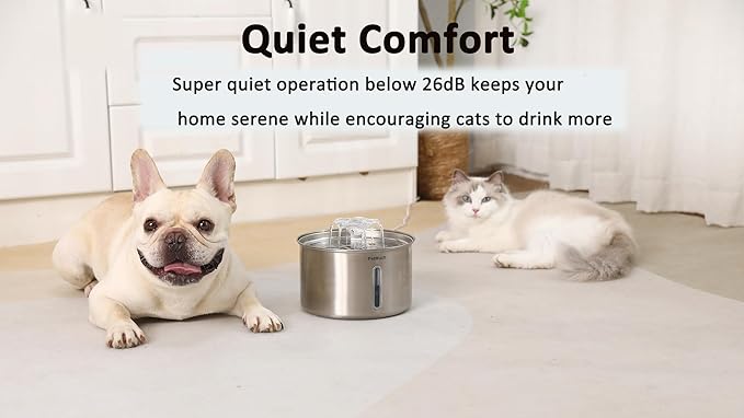 Stainless Steel Cat Fountain, 102 oz/3L Automatic Pet Fountain for Cats and Small Dogs, Ultra-Quiet Pump with White LED Light, Water Level Window