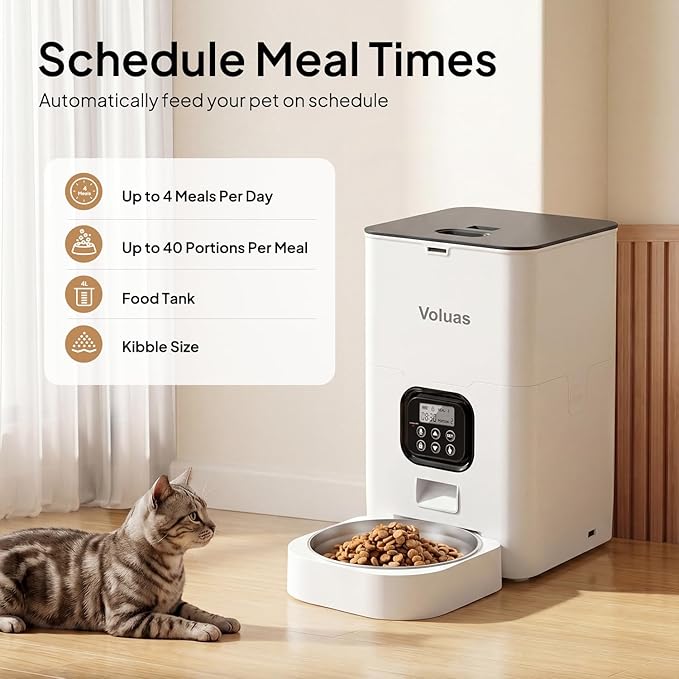 VOLUAS Automatic Cat Feeders - Pet Food Dispenser for Dry Food, Timed Cat Feeder with Desiccant Bag, Programmable Portion Size Control 4 Meals Per Day, 10s Voice Recorder