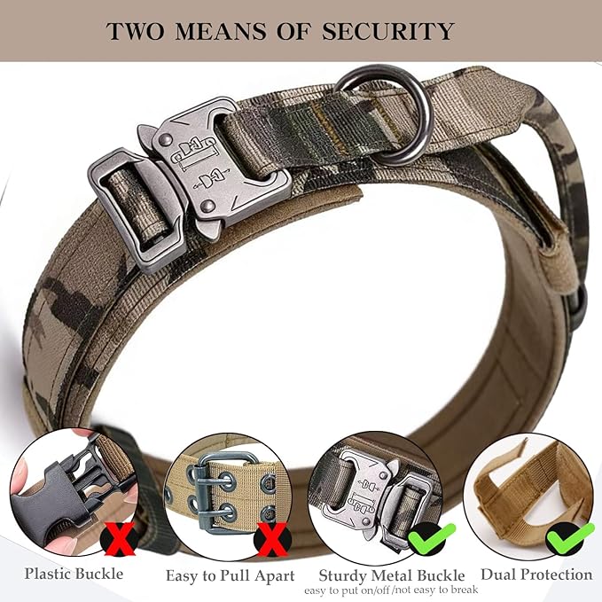 Tactical Dog Collar Military Dog Collar Adjustable Nylon Dog Collar Heavy Duty Metal Buckle with Handle for Dog Training (Camo,S)
