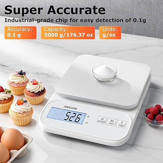 Kitchen Scale Food Scale 5kg/0.1g Digital Scale Food Weighing Scale for Cooking Baking Weight Loss, Rechargeable Coffee Scale Precision Baking Scale with Large Backlit LCD Display, USB Cord