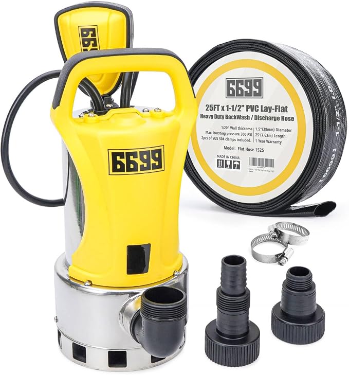 1.5HP Sump Pump Submersible Water Pump with 25FT x 1-1/2” Backwash Hose Up to 6500GPH Stainless Steel Utility Pump Drain Water from Pool Basement Sump Pit Garden Pond Hot Tub SUB 6500SS KIT
