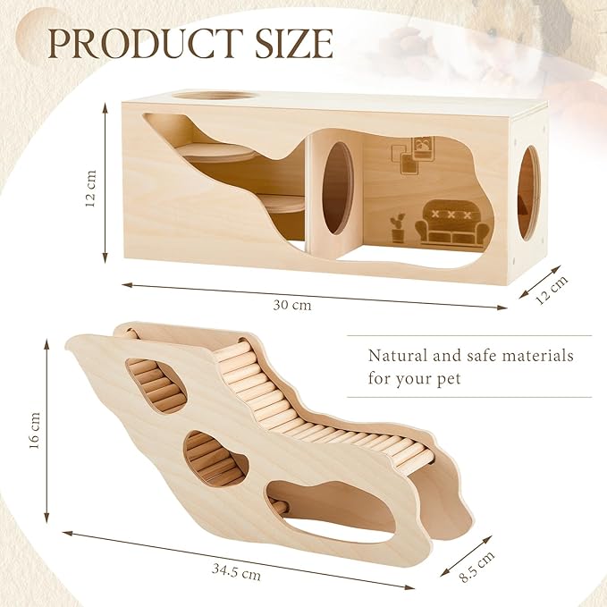 Seenelling 2 Pcs Hamster Hideout Set House and Tunnel, Exploring Tunnel with Climbing Ladder, Secret Observe Shed for Syrian Hamsters, Gerbils, Hedgehogs, Rats, Mice, Small Animals Pets Toys