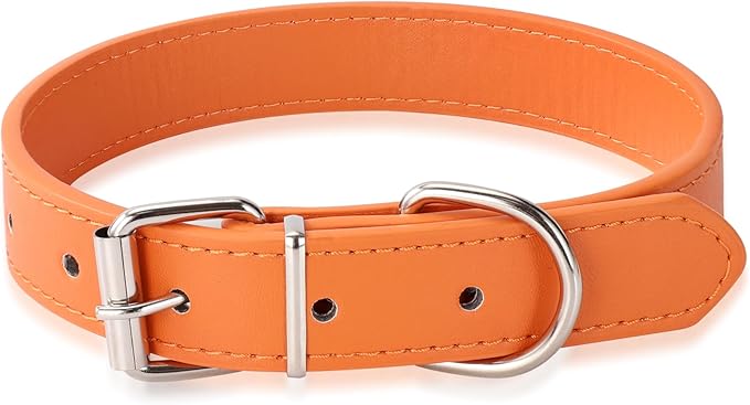Orange Soft Leather Dog Collar for Small,Medium, Large Dog, Comfortable and Adjustable (Wide: 0.75'' for Dog's Neck: 10''~14'', Orange, M)