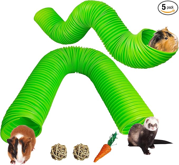 Hamiledyi 2 Pack Hamster Fun Tunnels, Guinea Pigs Plastic Tube, Hamsters Foldable Exercising Training Hideout Tunnel & 2 Pack Grass Balls, Small Animals Toys for Chinchillas Gerbils Ferrets(Green)