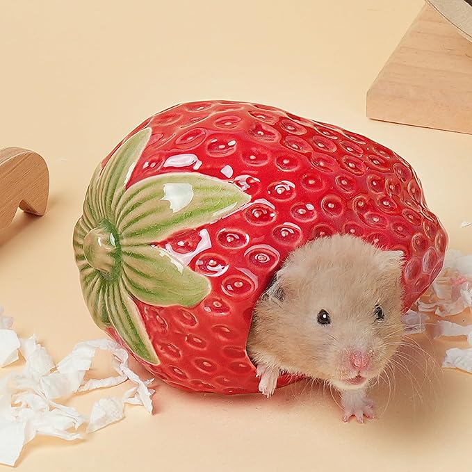 Ceramic Hamster Hideout,Strawberry Dwarf Hamster House,Guinea Pig Habitat Decor, Hideaway House for Gerbil, Cool Bed for All Season(Red)