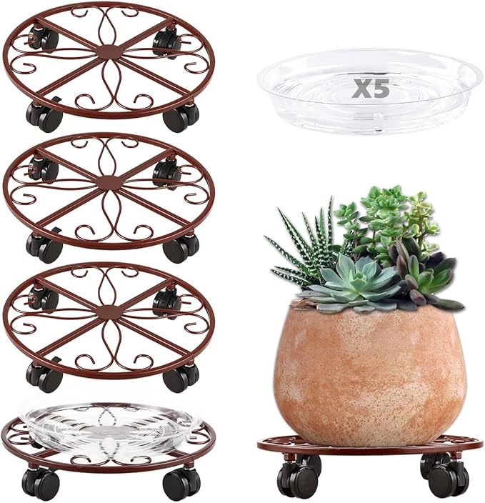 5 Pack Plant Caddy with Wheels Heavy Duty 13.5 Inch Metal Plant Stand on Wheels Plant dolly Rolling Plant Stand Plant Roller with Casters for Indoor and Outdoor with Plant Saucers, Bronze