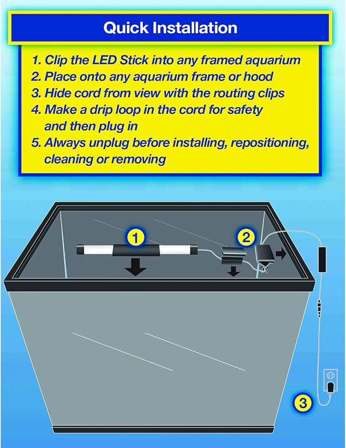 Tetra 6" Hidden LED Stick for Aquariums Up to 15 Gallons | Waterproof White Fixture, Clips To Frame Or Hood, Cord Routing Clips Included