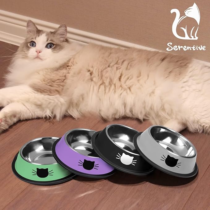 Serentive 2 Pcs Non-Slip Stainless Steel Small Cat Food Bowls - Unbreakable, Thicken 7 Oz Cat Dishes - Indoor, Removable Rubber Base, Easily Clean, Lovely Color