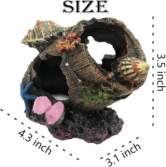 SLOCME Aquarium Broken Barrel with Conch Decorations - Betta Cave Hideout Fish Tank Barrel Ornament