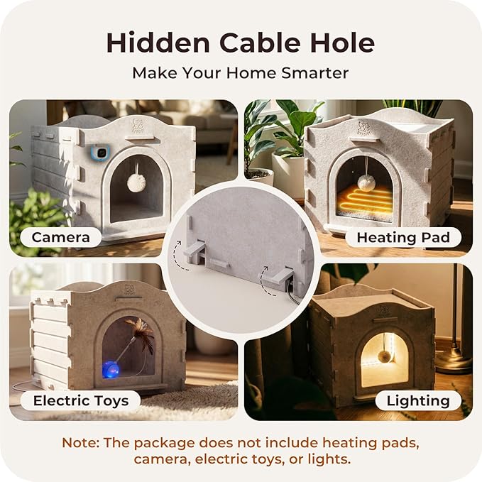 Apasiri Cat Bed Cave for Indoor Cats: New Felt Cat Bed with Fluffy Ball Hanging, Foldable Cat House with Scratch-Resistant Board, Hideaway Cat Cave for Timid Cats, Sturdy Two-Tier Cat Condo - Gray