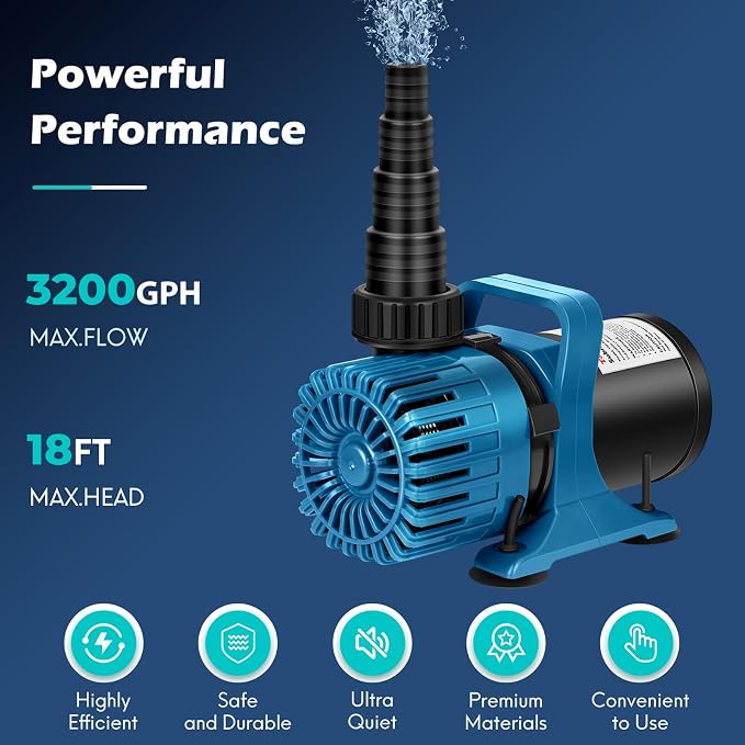 TONGCHANT 3200 GPH Pond Pump for Fish Pond Fountain & Waterfall, 18FT Lift | 150W Submersible Water Pump with 180° Rotatable Nozzle, Filter Bag & 20FT Cord, Ultra-Quiet Operation, UL listed