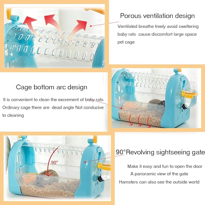 kathson Hamster Cage Travel Carrier Portable Cage with Water Bottle Outgoing Cage and Adjustable Strap Pet Cage for Small Pet Hedgehog Sugar Glider Squirrel Mice（Blue）