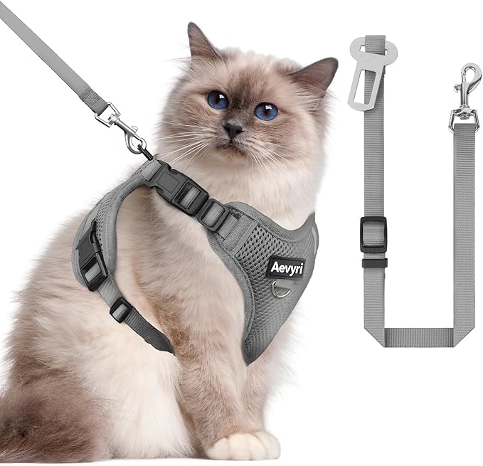 Cat Harness and Leash Set for Walking Escape Proof, Adjustable Soft Kittens Vest with Reflective Strip for Cats, Comfortable Outdoor Vest, Cat Car Leash, Grey, L