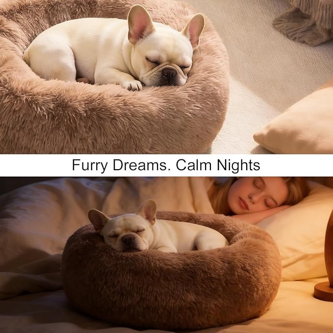 Dog Calming Beds for Small Medium Large Dogs - Round Donut Washable Dog Bed, Anti-Slip Faux Fur Fluffy Donut Cuddler Anxiety Cat Bed(28" Khaki