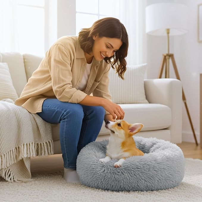 Calming Large Donut Dog Bed, Round Soft Fluffy Plush Faux Fur Anti-Anxiety Washable Anti-Slip Pet Bed for Medium Size Dog and Cat 28in Gray