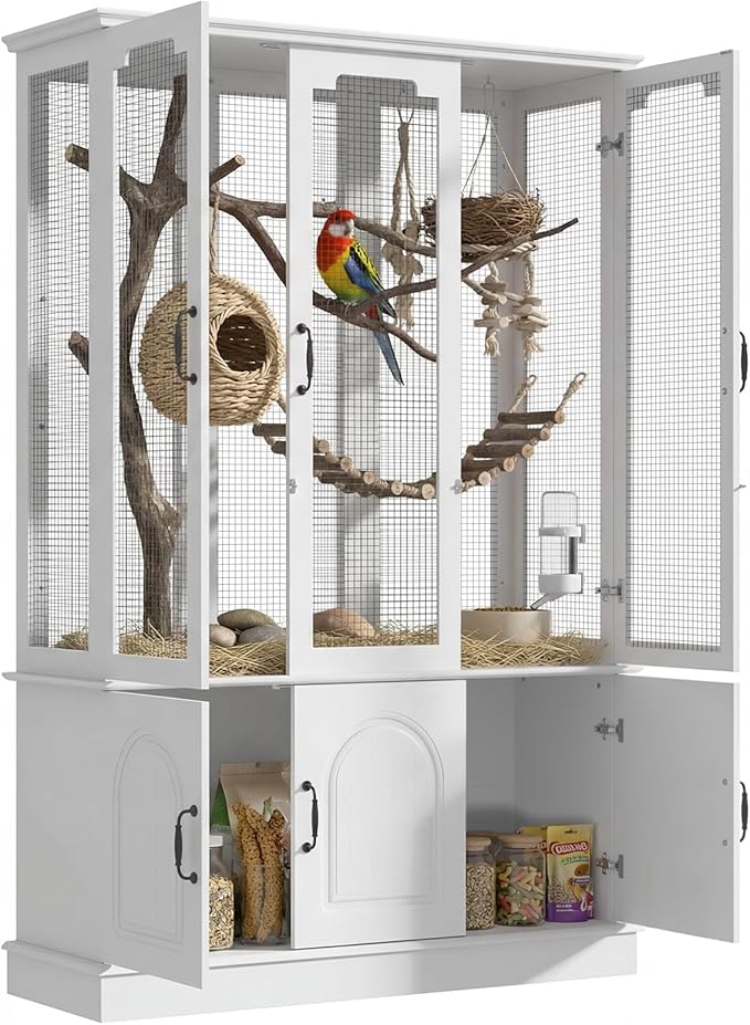 70.8" Tall White Bird Cage with Storage Cabinet, Large Flight Parrot Cage with Lock and 4-Sided Metal Mesh Design, DIY-Friendly, 47.2" Wide Bird Cages for Parakeets, Cockatiels, Finches
