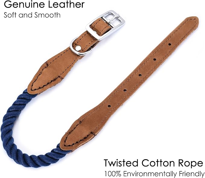 Mile High Life Genuine Leather Dog Collar, Durable Braided Cotton Rope Collar with Metal Pin Buckle for Small Medium Large Dogs (Navy Blue, L Neck 17"-21")
