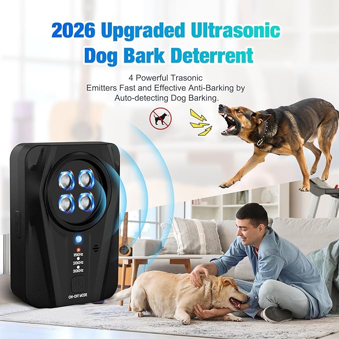 Queenmew Dog Bark Deterrent Devices, Automatic Anti Barking Device with 4 Ultrasonic Transmitters Long Range 50FT, 3 Mode Rechargble Barking Control Devices, Effective Stop Bark Box Outdoor & Indoor