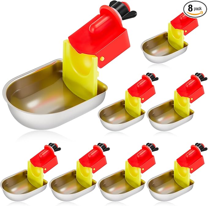 8 Pack Heavy Duty Auto Metal Chicken Waterer Cups, Stainless Steel Freeze Leak Proof Poultry Rabbit Watering System Fits 5 Gallon Bucket and 3/8'' Hole Saw