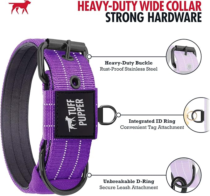 Tuff Pupper Heavy Duty Tactical Dog Collar | 1.5" Wide Ballistic Nylon | Reflective Stitching | Integrated ID Tag Holder | Stainless Steel Buckle | Padded Lining | Medium & Large Dogs (Purple, Medium)