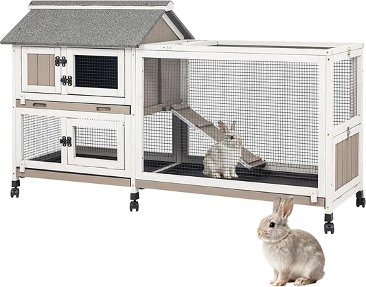 Gowoodhut 2-Story 60.6"L Rabbit Hutch Indoor and Outdoor with 6 Wheels,Wooden Rabbit Cage with 3 Pull Out Leak-Proof Trays for 2-4 Rabbits,Bunny Hutch with Asphalt Roof Bunny Cage with 6 Accesses,Grey