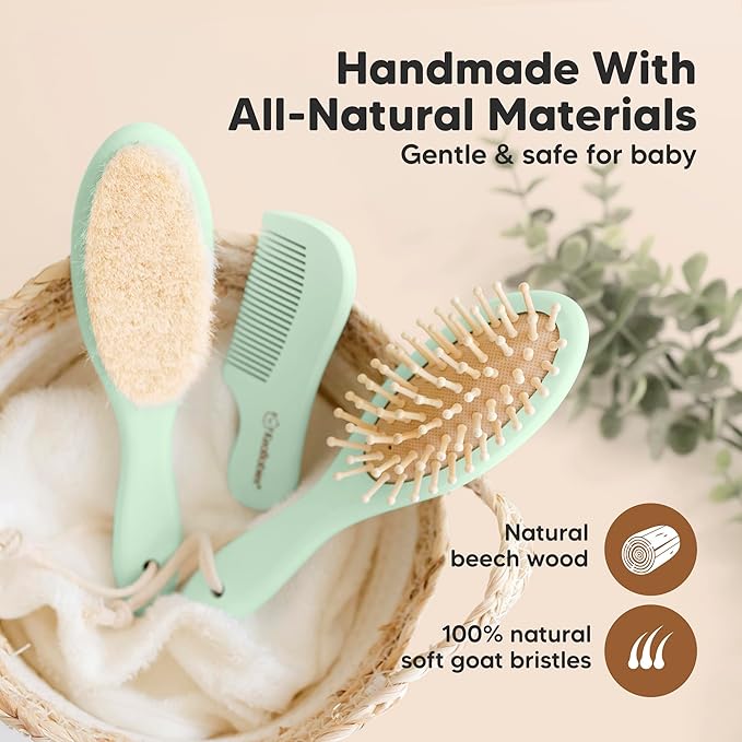 Baby Hair Brush Set for Newborns - Soft Goat Bristle Wooden Baby Brush and Comb Set Newborn Grooming Kit for Cradle Cap, Durable & Gentle, Boy, Girl Infant Essentials Care Kit (Regular, Sage)
