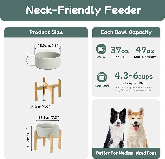 Havniva Ceramic Raised Dog Bowl Set, Elevated with Stand, Food and Water Bowl for Medium Breed Dogs, Weighted Dog Dishes, Pet Bowl(7.3'',41OZ, Grey)