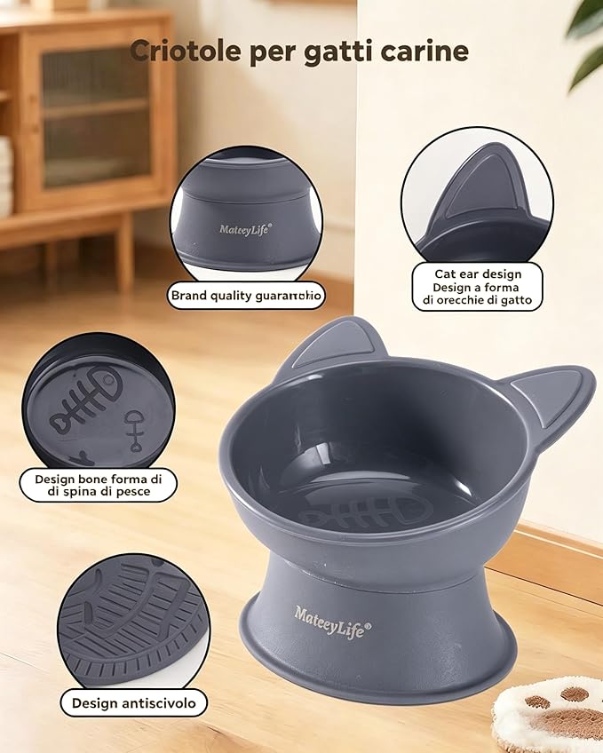 MateeyLife Elevated Cat Bowls, 2P Raised Food and Water Bowl Set for Indoor Cats & Small Dogs, Whisker Fatigue Cat Bowl, Anti Vomit Feeding Pet Bowls, 6 oz Each, Dishwasher Safe - White & Grey