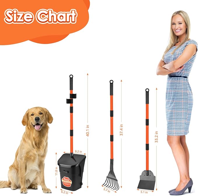 SlowTon Dog Pooper Scooper - 37.4" Long Metal Handle Adjustable Rake & Spade & Swivel Bin with 20 Waste Bags, Portable Pooper Scooper for Gravel Lawn Grass, Suit for Small Medium Large Dog