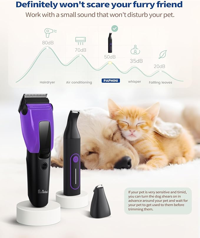 PAPMINI Dog & Cat Grooming Kit for Thick Coats, Heavy Duty Rechargeable Trimmer with LED Display & Storage Bag (Purple, 2 in 1)