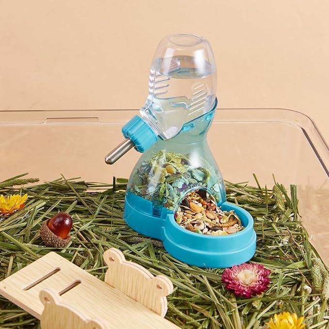 2 in 1 Hamster Water Bottle No Drip with Large Capacity Automatic Food Dispenser Small Animal Feeder for Syrian Dwarf Hamster Mouse Rat Degu (Blue, 3oz)