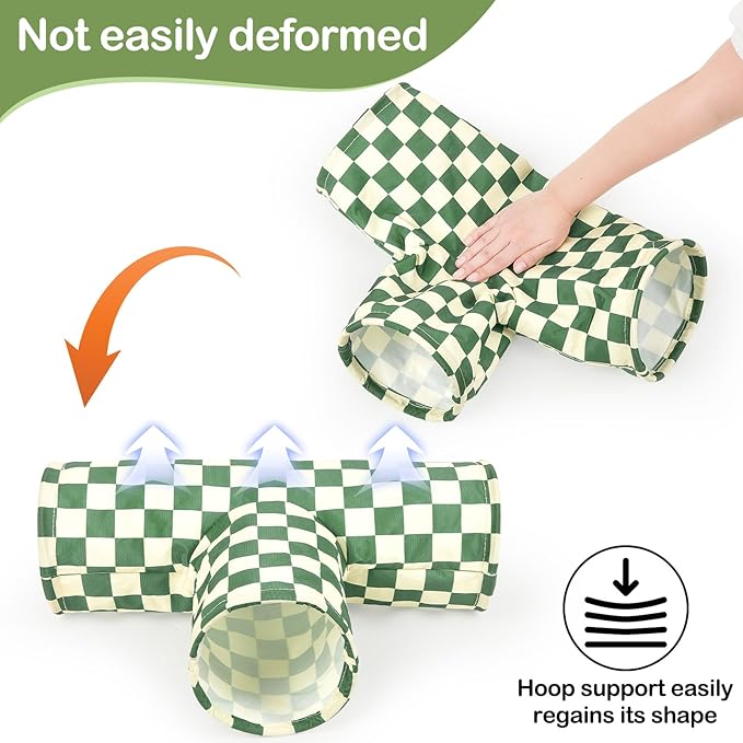 Bienbee Guinea Pig Tunnel, 3 Way Washable Guinea Pig Hideout,Foldable Rabbit Tunnel Guinea Pigs Toys for Bunny Hamster Chinchilla Ferret Rabbit Guinea Pigs Accessories Green Checkerboard