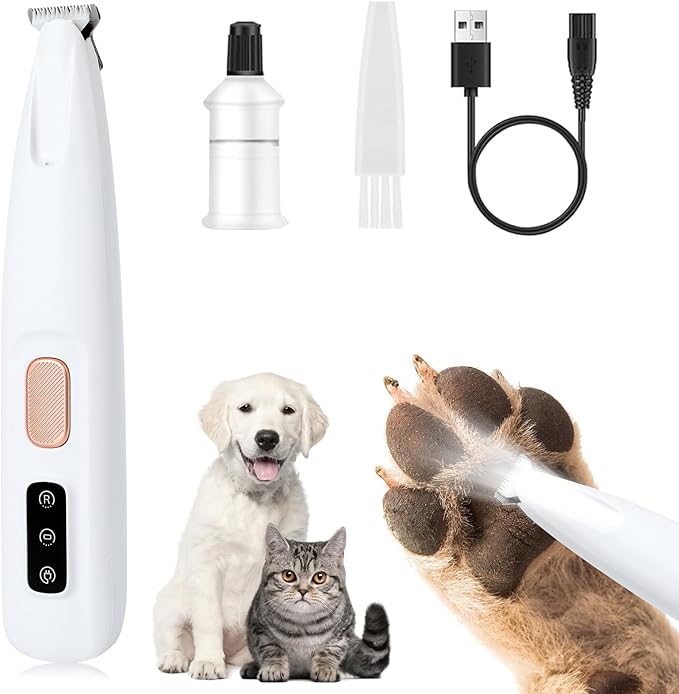 Iaolose Paw Trimmer, Upgrade Multifunctional Pet Hair Clippers Waterproof Rechargeable Pet Shaver with LED Light, Pet Paw Trimmer for Paws Eyes Ears Face Rump (1PC), White