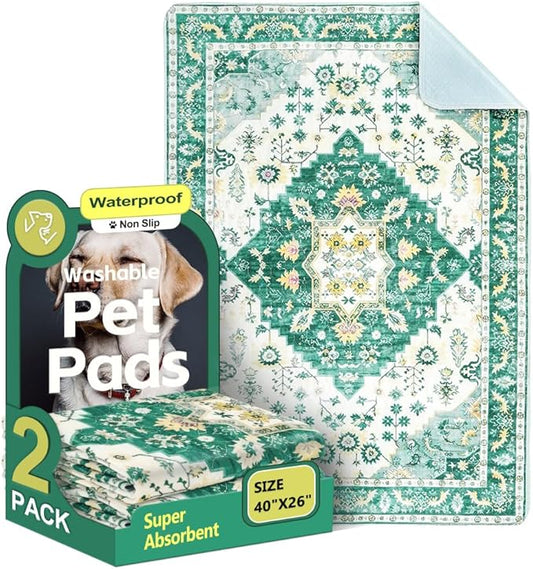 Washable Pee Pads for Dogs, 2 Pack Reusable Puppy Training Pads 40"x26" Super Absorbent Waterproof Dog Training Pads, Non-Slip Potty Pads, Whelping Pads Litter Mat Green Medallion