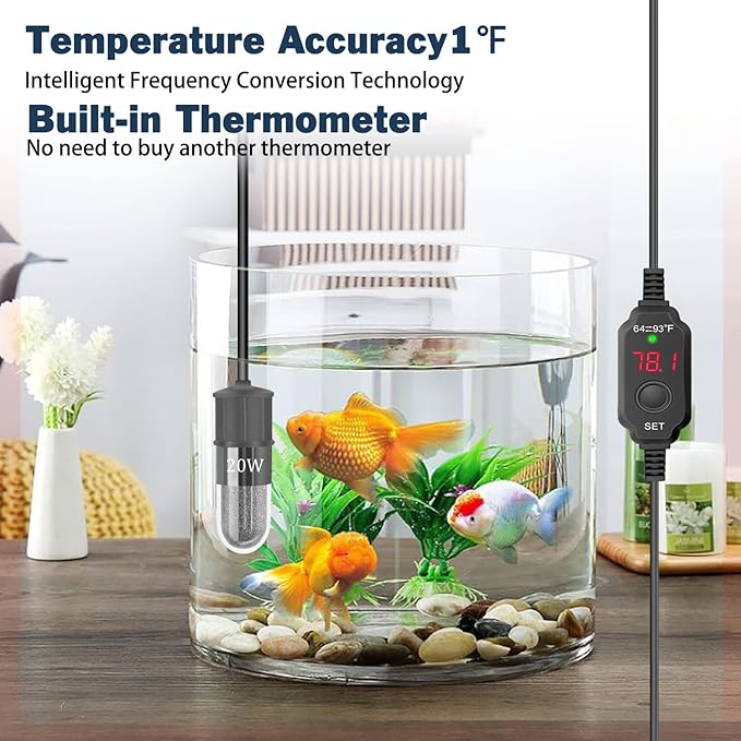 YOFOTHS Adjustable Mini Aquarium Heater 0.5/1/2/3 Gallon Submersible Small Fish Tank Heater 10W/20W/30W Digital Display Thermostat External Temperature Controller(20W)
