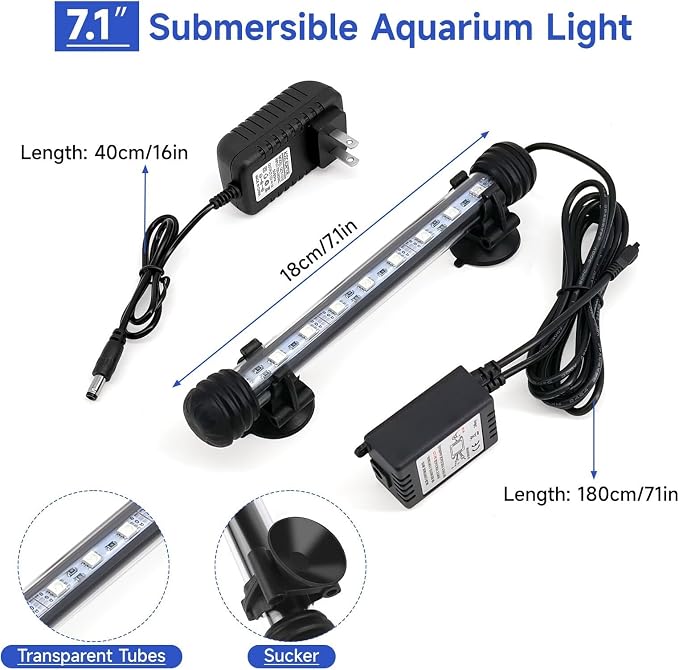 7 inch RGB Aquarium Lights, Underwater Fish Tank Lights IP68 Waterproof Color Changing Adjustable Memory Submersible Remote Control Aquarium Tank Sucker Hood Strip Lamp Waterfall Lights
