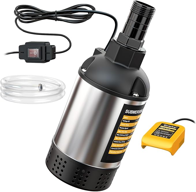 Ecarke Cordless Submersible Water Pump Compatible with Dewalt 20V Battery, 1268GPH Brushless High Flow Sump Pump with 6.5ft Hose, Portable Electric Water Pump for Swimming Pool Draining (Tool Only)