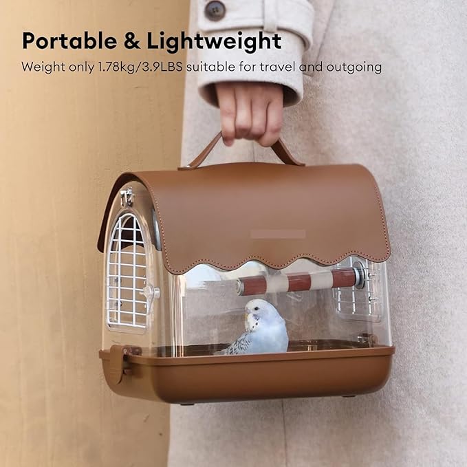 Parrot Cage Aviary, Bird Carrier Backpack with Perch, Transparent Travel Bird Cage Bag with Shade Cover Visible Window for Parrots Budgie Bird Parrot Aviary(Brown)