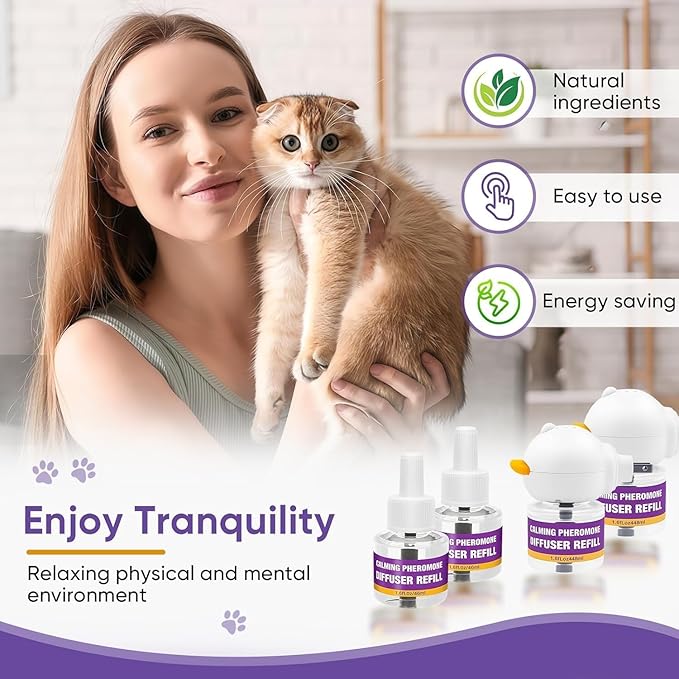 Cat Calming Pheromone Diffuser Kit, Long-Lasting Stress & Anxiety Relief, Reduces Fighting, Spraying & Scratching, Safe & Drug-Free Comfort for All Cats and Kittens 2 Plug-Ins + 4 Refills (48ml Each)